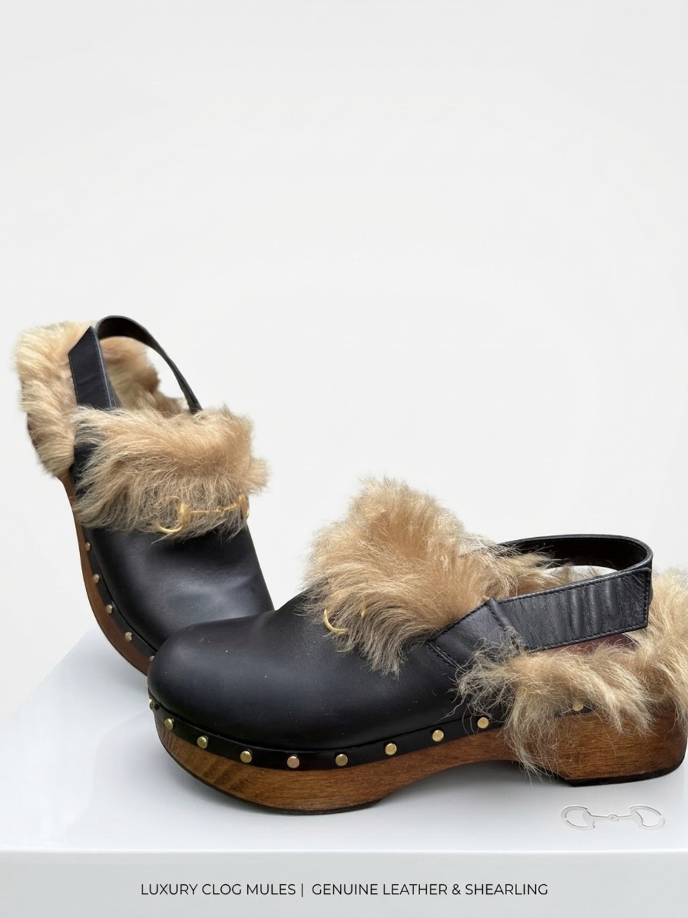 Gucci Black Leather Clog Mules with Tan Shearling Trim